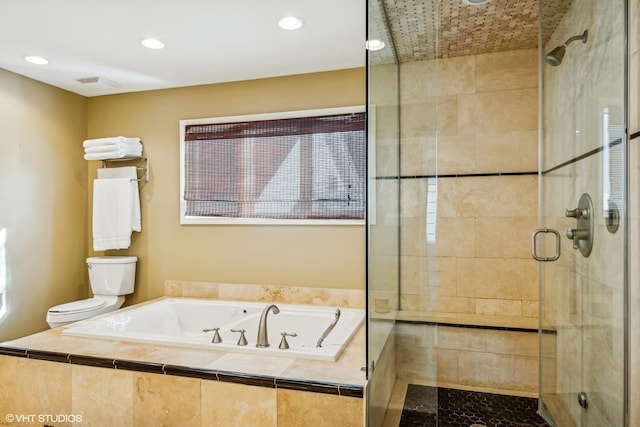 full bath with a garden tub, toilet, recessed lighting, visible vents, and a stall shower