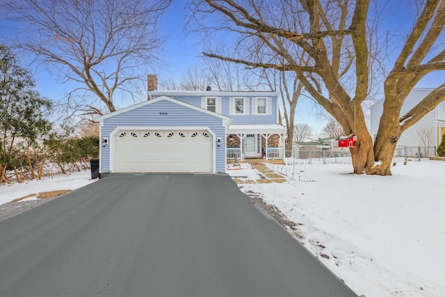 view of front facade with a garage, driveway, and a chimney