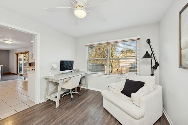 home office with hardwood / wood-style flooring and ceiling fan