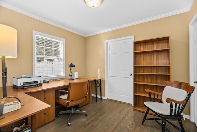 office featuring crown molding and dark hardwood / wood-style floors