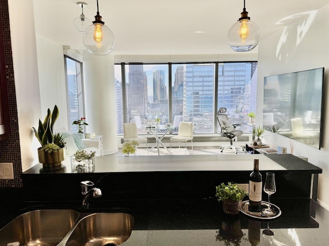 interior space with hanging light fixtures and a sink