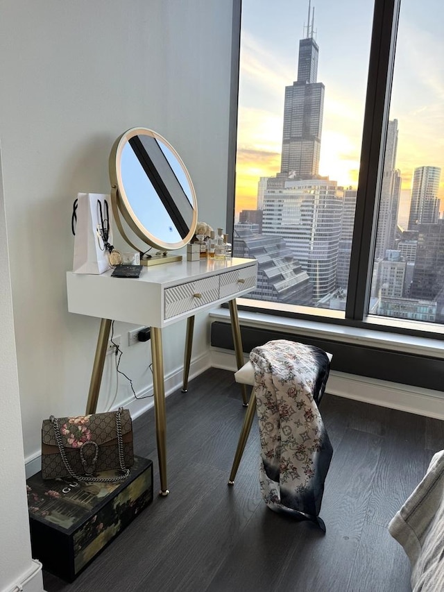 office space featuring a city view, baseboards, and wood finished floors