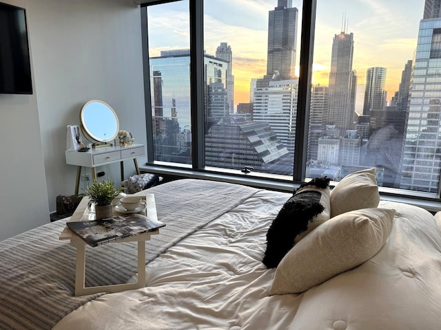 bedroom with a view of city