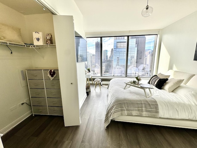 bedroom featuring dark wood-type flooring and baseboards