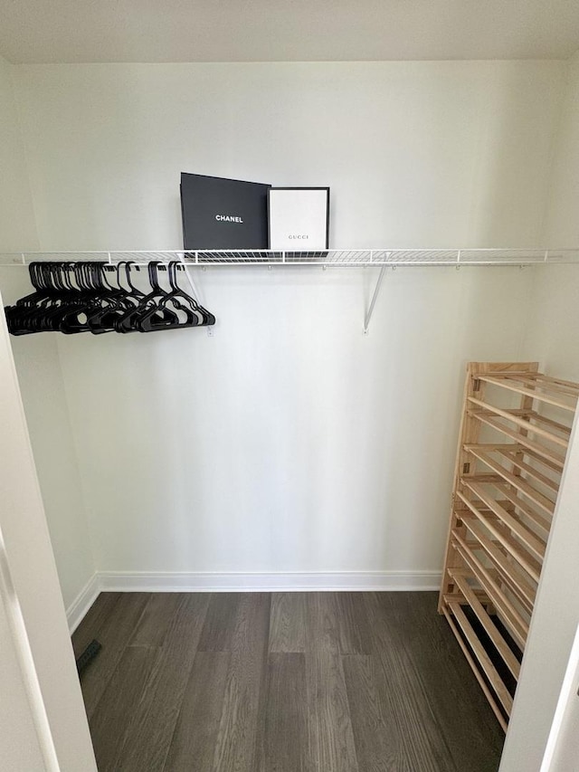 walk in closet with dark wood finished floors