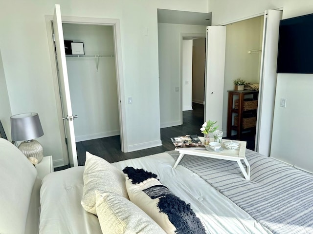 bedroom featuring a closet, a spacious closet, baseboards, and wood finished floors