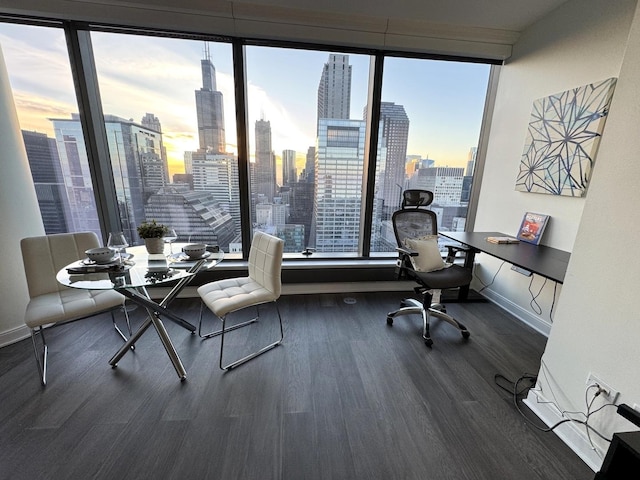 office space with a view of city, baseboards, and wood finished floors