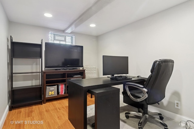 office area with beam ceiling, baseboards, wood finished floors, and recessed lighting