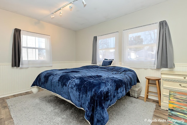 bedroom with wainscoting, wood finished floors, and rail lighting