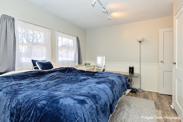 bedroom featuring rail lighting, dark wood finished floors, and wainscoting