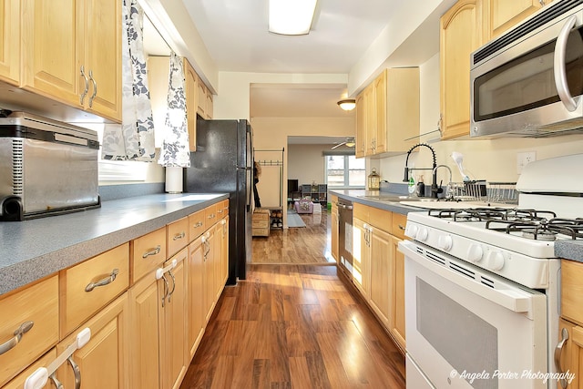 kitchen featuring dark wood-type flooring, a sink, light countertops, appliances with stainless steel finishes, and light brown cabinetry