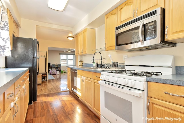 kitchen featuring ceiling fan, dark wood-style flooring, stainless steel appliances, light brown cabinets, and a sink