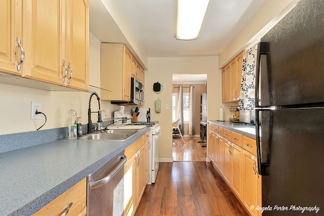 kitchen with light brown cabinets, stainless steel appliances, a sink, and dark wood finished floors