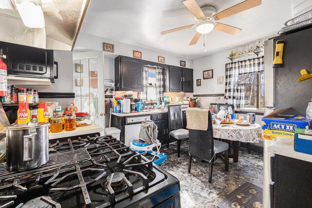 14817 Lexington Ave, Harvey, IL 60426 - kitchen featuring light countertops, dark cabinetry, white dishwasher, a ceiling fan, and range