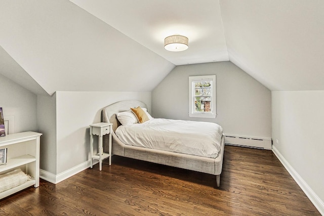 bedroom with dark wood-type flooring, a baseboard radiator, vaulted ceiling, and baseboards