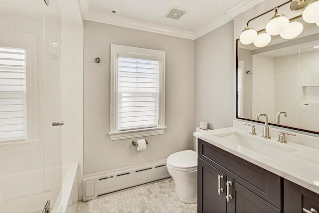 full bath featuring ornamental molding, a baseboard radiator, visible vents, and toilet