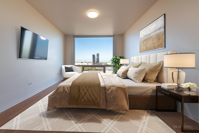 bedroom featuring expansive windows, baseboards, and wood finished floors