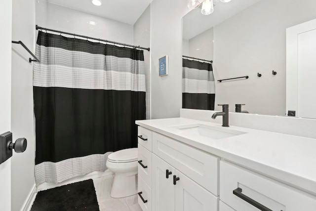 full bathroom with toilet, tile patterned floors, a shower with curtain, and vanity