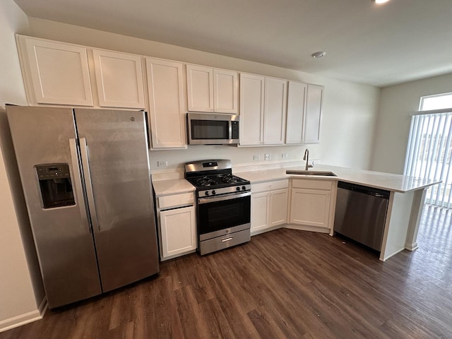 kitchen featuring appliances with stainless steel finishes, sink, white cabinetry, dark hardwood / wood-style flooring, and kitchen peninsula