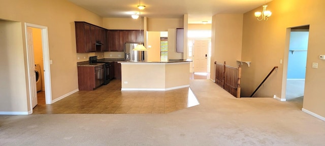 kitchen with light carpet, black range with electric cooktop, stainless steel fridge with ice dispenser, and decorative light fixtures