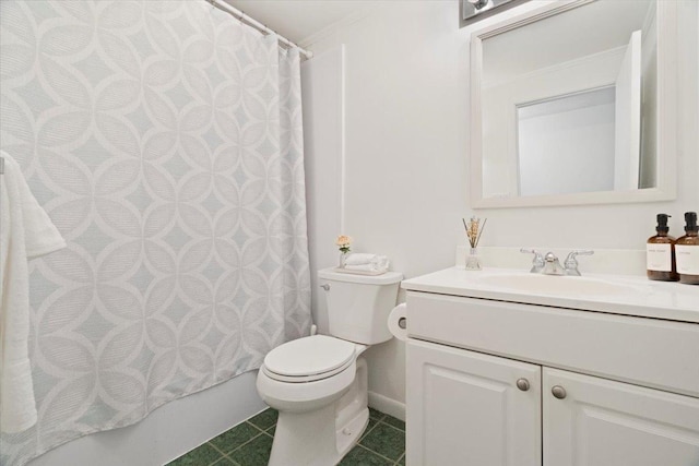 bathroom featuring toilet, vanity, shower / tub combo with curtain, and tile patterned floors