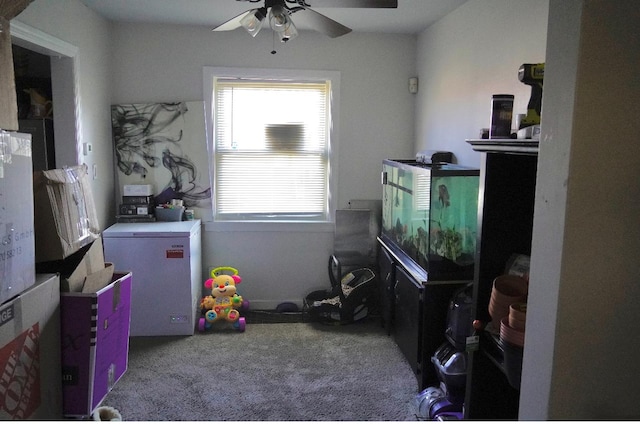 game room featuring carpet flooring and ceiling fan