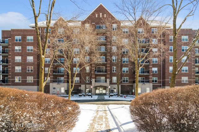 view of snow covered building