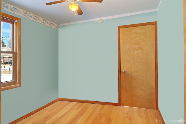 spare room featuring light wood finished floors, plenty of natural light, a ceiling fan, and baseboards