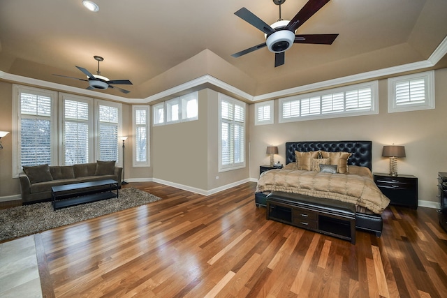 bedroom with a tray ceiling, dark wood-type flooring, and ceiling fan