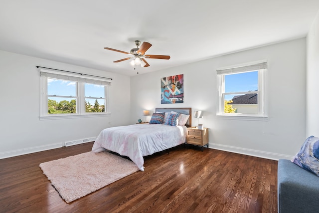 bedroom featuring visible vents, multiple windows, dark wood-type flooring, and baseboards