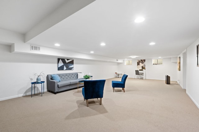 living room featuring visible vents, recessed lighting, carpet flooring, and baseboards