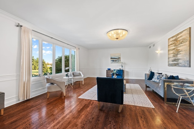 interior space featuring visible vents, dark wood finished floors, and crown molding