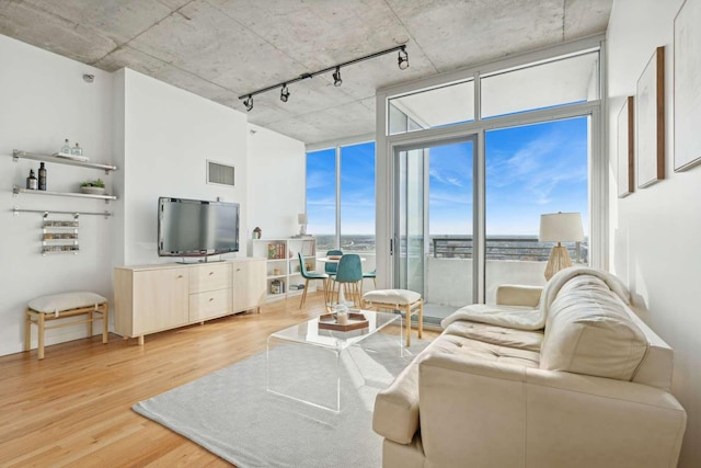 living area with light wood-style flooring and a wall of windows