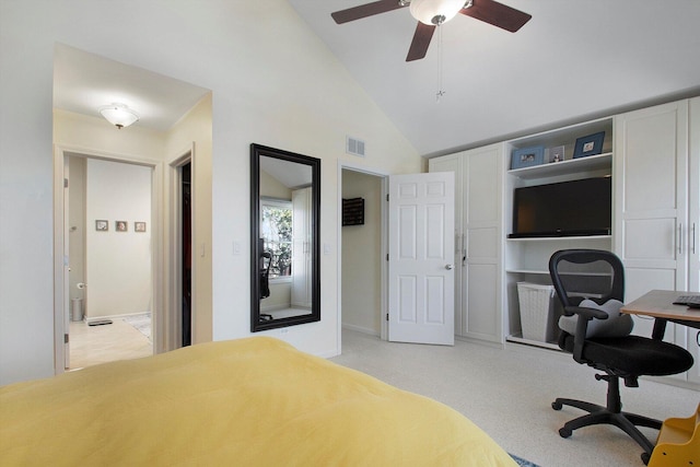 bedroom featuring visible vents, light carpet, and high vaulted ceiling