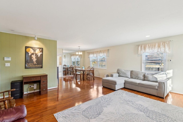 living room featuring wood finished floors, rail lighting, and baseboards