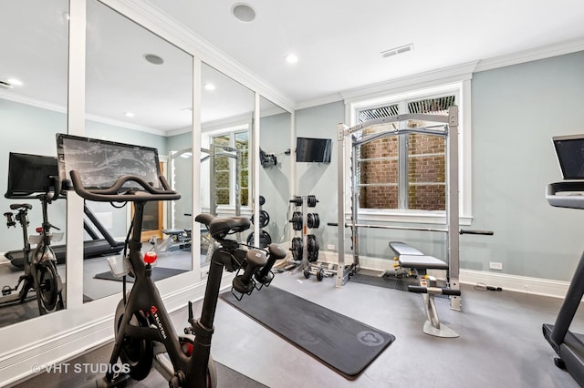 workout room with ornamental molding, baseboards, recessed lighting, and visible vents