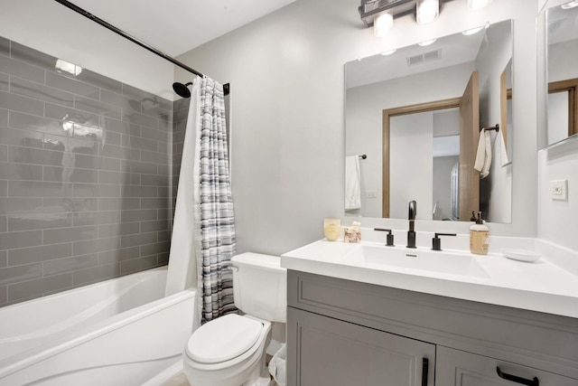 full bath featuring toilet, shower / bathtub combination with curtain, visible vents, and vanity