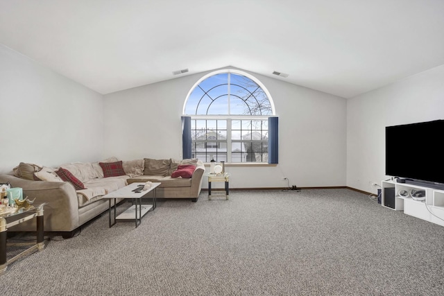 carpeted living room featuring lofted ceiling, visible vents, and baseboards