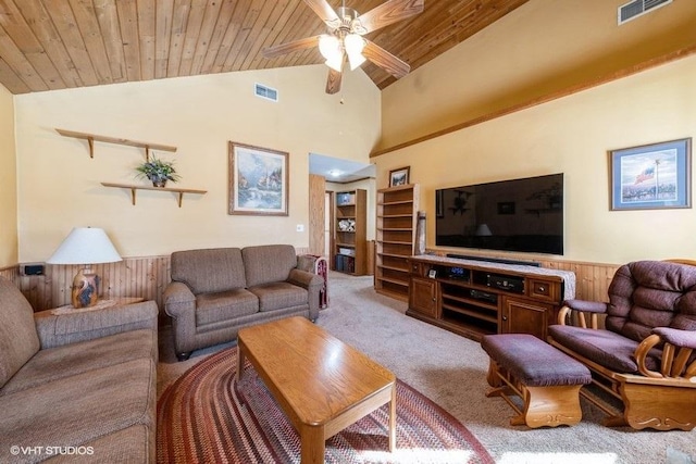 living room with lofted ceiling, wooden ceiling, and visible vents