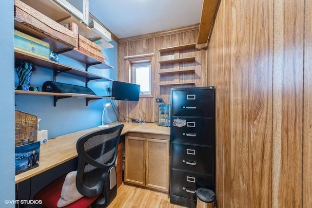 office space featuring light wood-style flooring and built in desk