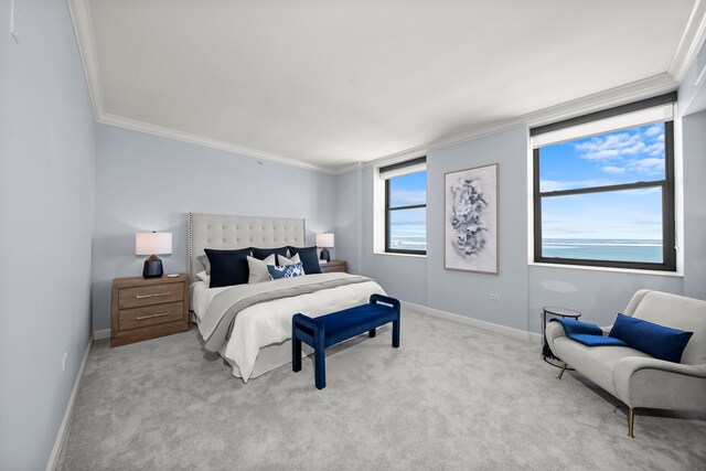 bedroom featuring carpet floors and crown molding