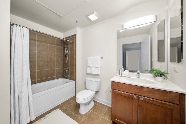 bathroom with toilet, shower / tub combo, vanity, tile patterned flooring, and baseboards