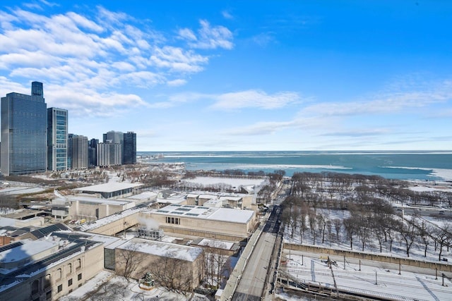 drone / aerial view featuring a water view and a city view