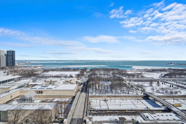 drone / aerial view featuring a water view