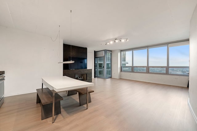 701 S Wells St Unit 3105, Chicago, IL 60607 - unfurnished dining area with baseboards, light wood-type flooring, and rail lighting