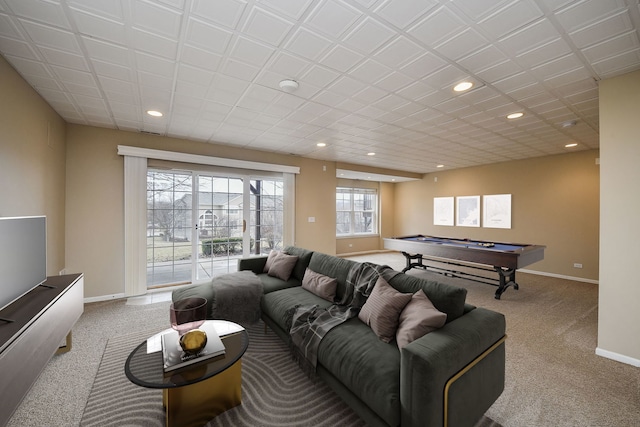 carpeted living area featuring pool table, baseboards, and recessed lighting