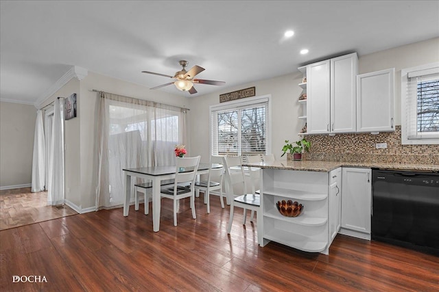 kitchen with white cabinets, dark wood finished floors, open shelves, and dishwasher