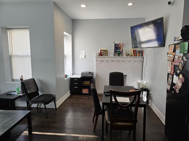 2320 W Addison St, Chicago, IL 60618 - dining area featuring baseboards, dark wood-style flooring, and recessed lighting
