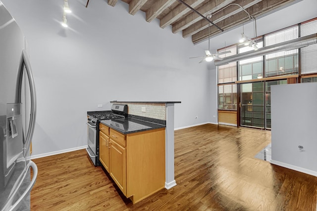 kitchen featuring appliances with stainless steel finishes, a wealth of natural light, wood-type flooring, and a towering ceiling