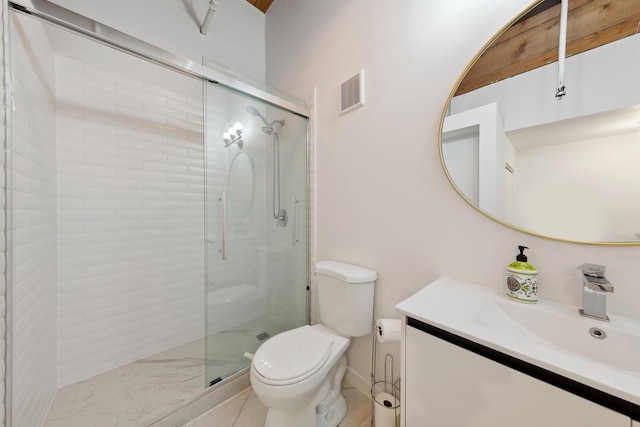 full bath with toilet, vanity, a shower stall, and visible vents